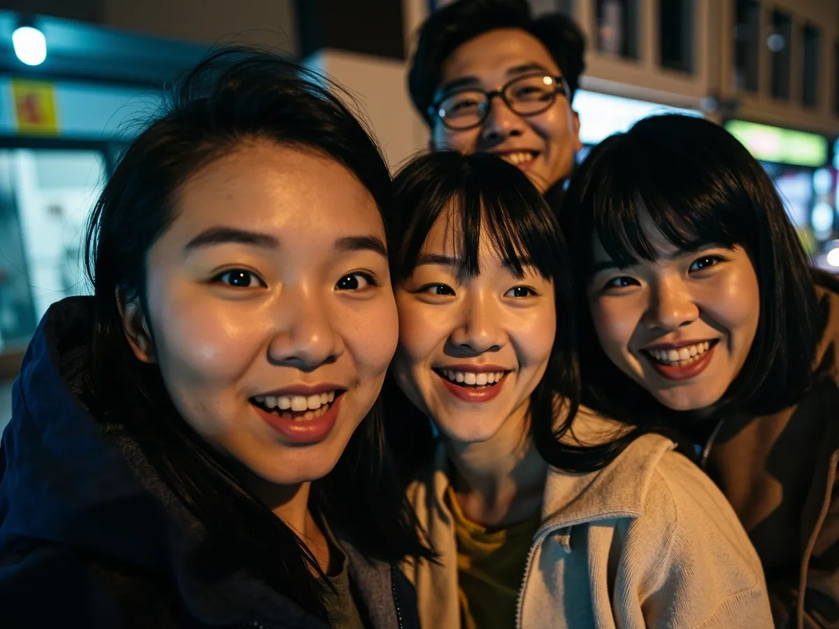 Computer-generated image: four friends laughing together in a group photo on a quest day out