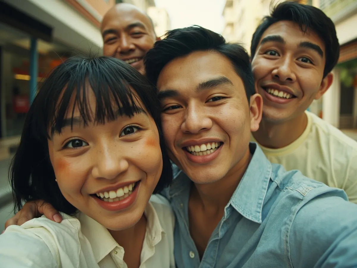 Computer-generated image: four friends laughing together in a group photo on a quest day out