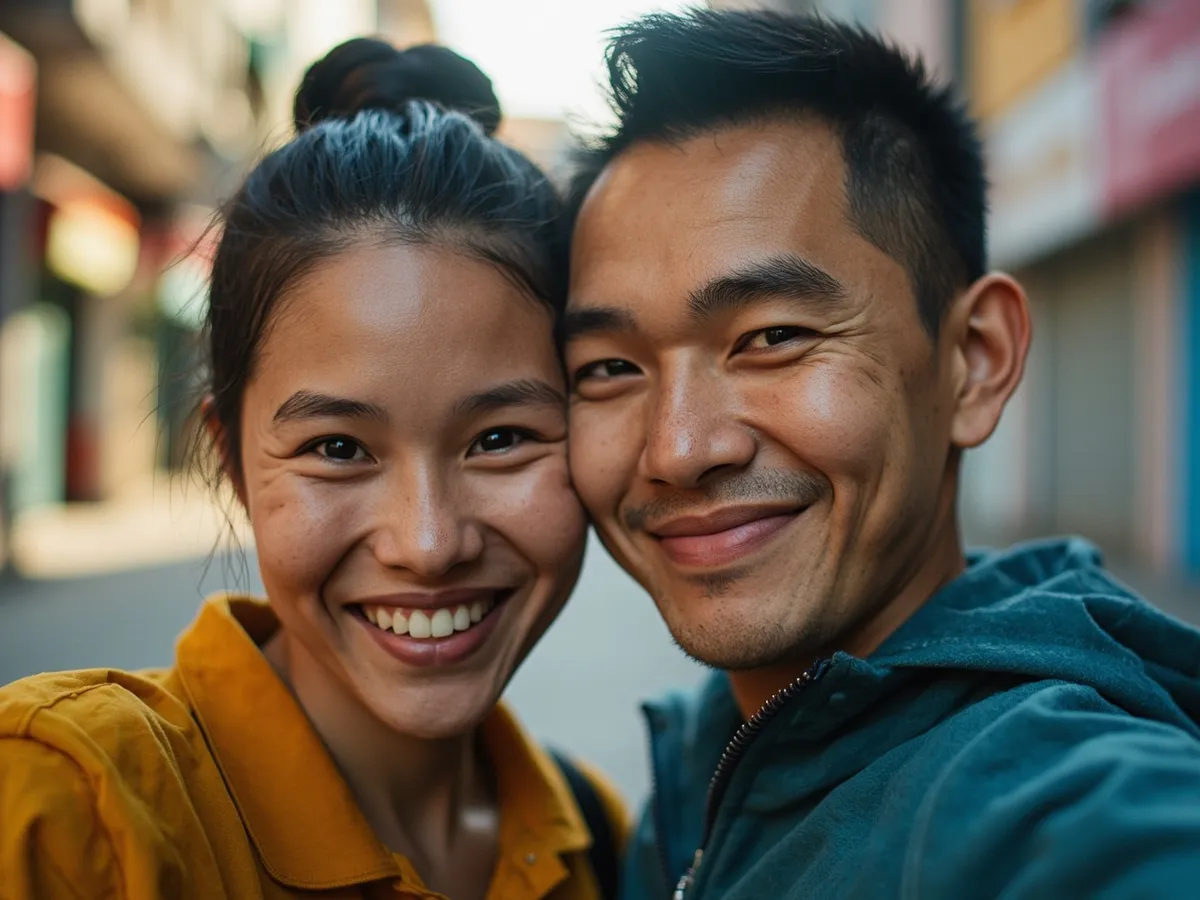 Computer-generated image: two friends laughing together in a group photo on a quest day out