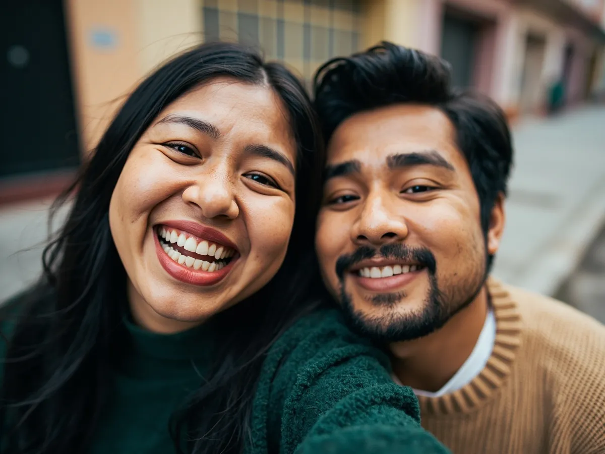 Computer-generated image: two friends laughing together in a group photo on a quest day out