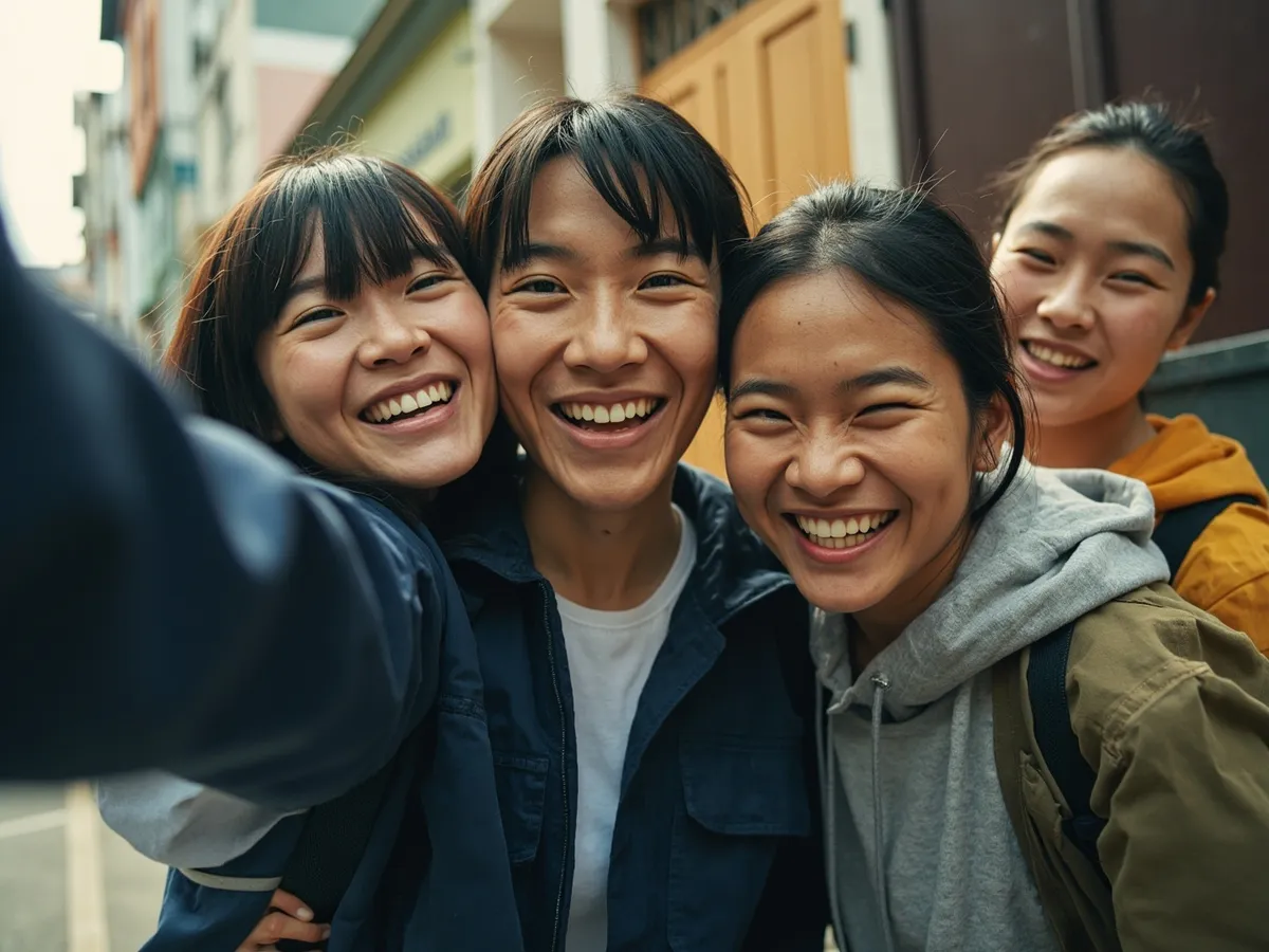 Computer-generated image: four friends laughing together in a group photo on a quest day out