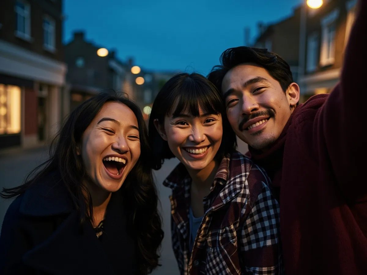 Computer-generated image: three friends laughing together in a group photo on a quest day out
