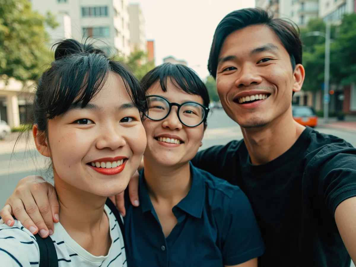 Computer-generated image: three friends laughing together in a group photo on a quest day out