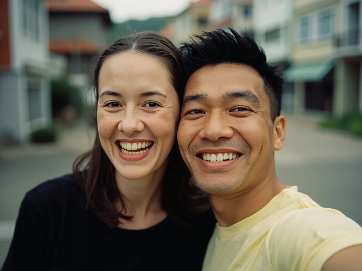 Computer-generated image: two friends laughing together in a group photo on a quest day out