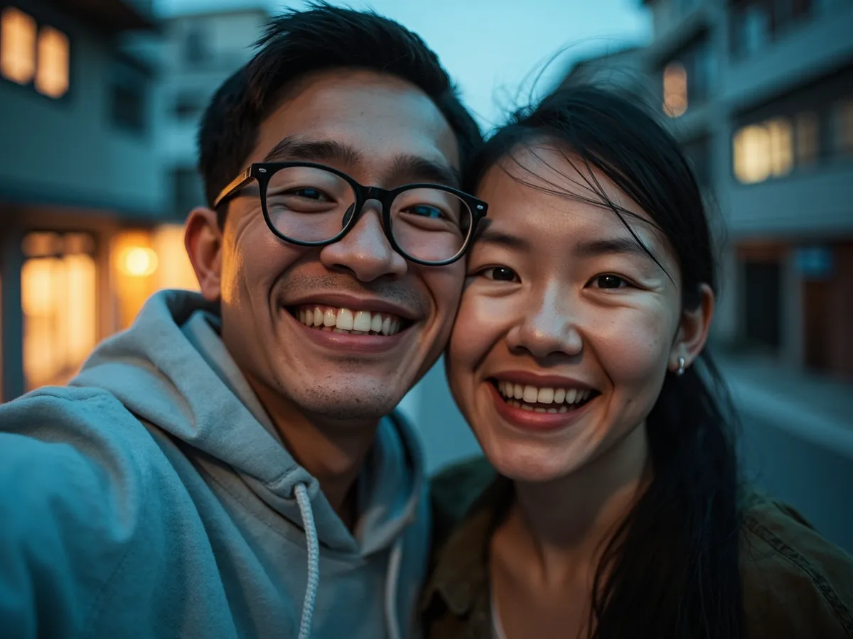 Computer-generated image: two friends laughing together in a group photo on a quest day out