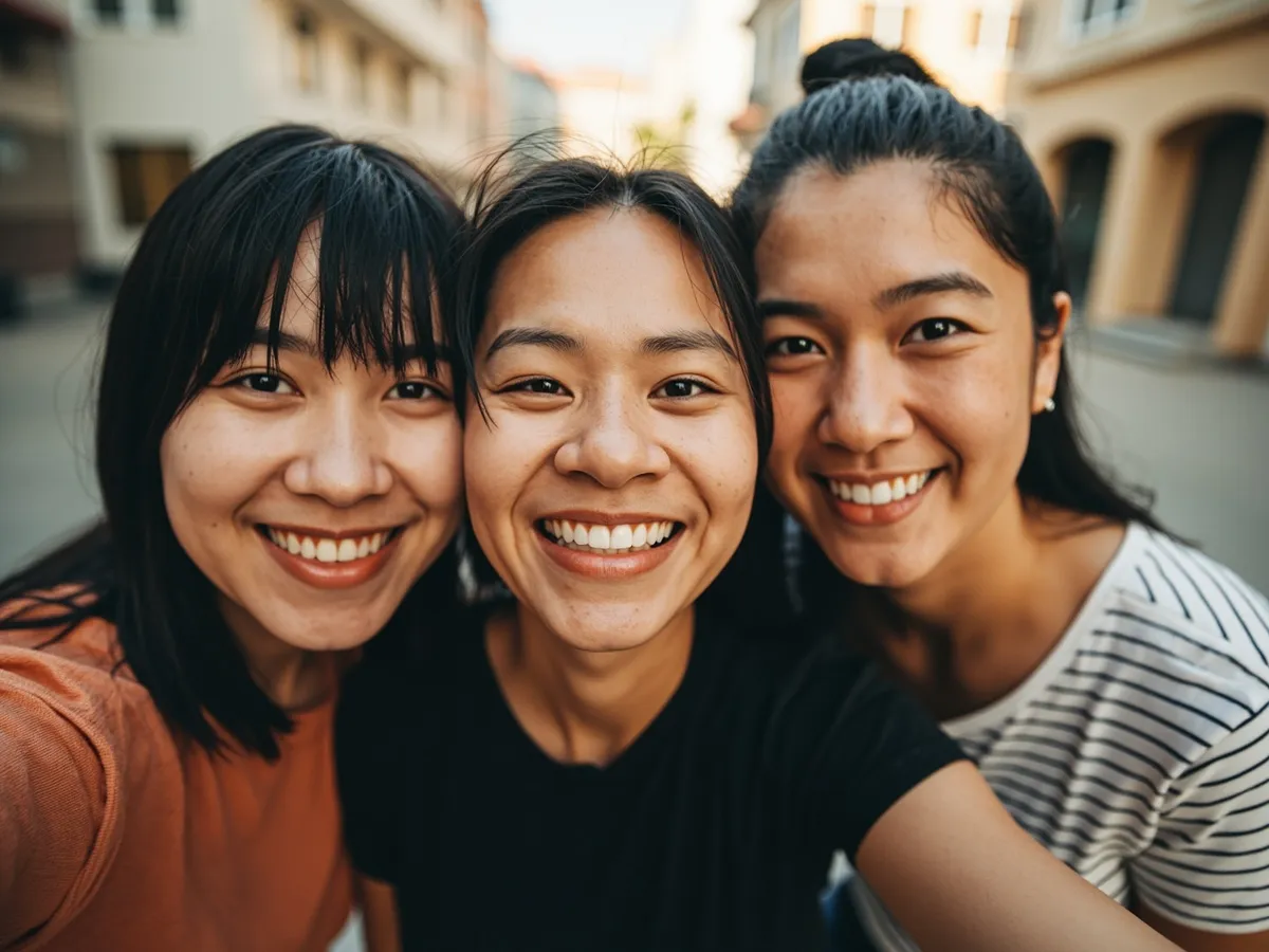 Computer-generated image: three friends laughing together in a group photo on a quest day out