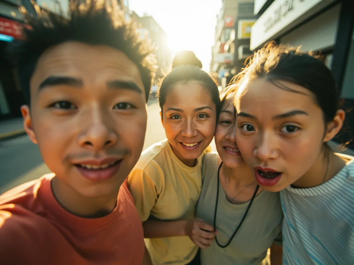 Computer-generated image: four friends laughing together in a group photo on a quest day out