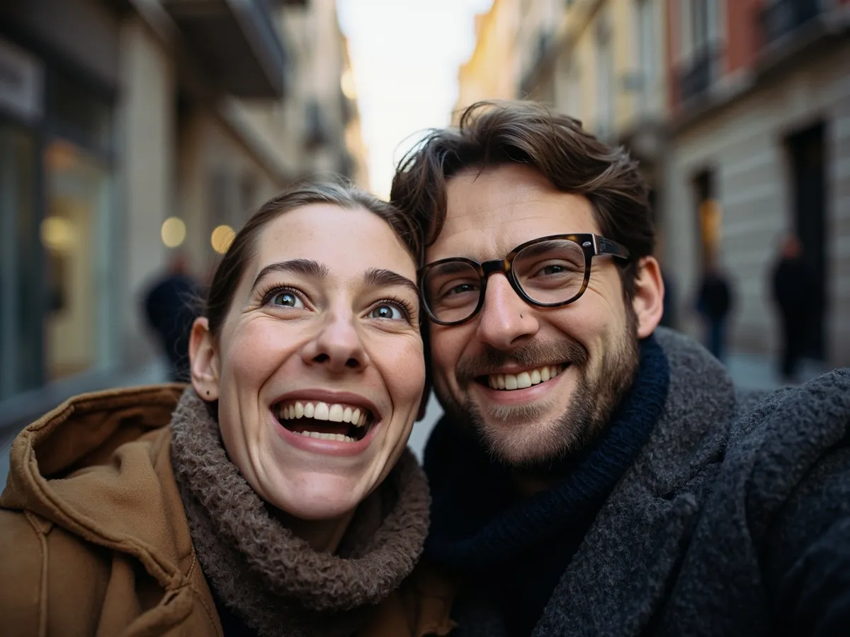 Computer-generated image: two friends laughing together in a group photo on a quest day out