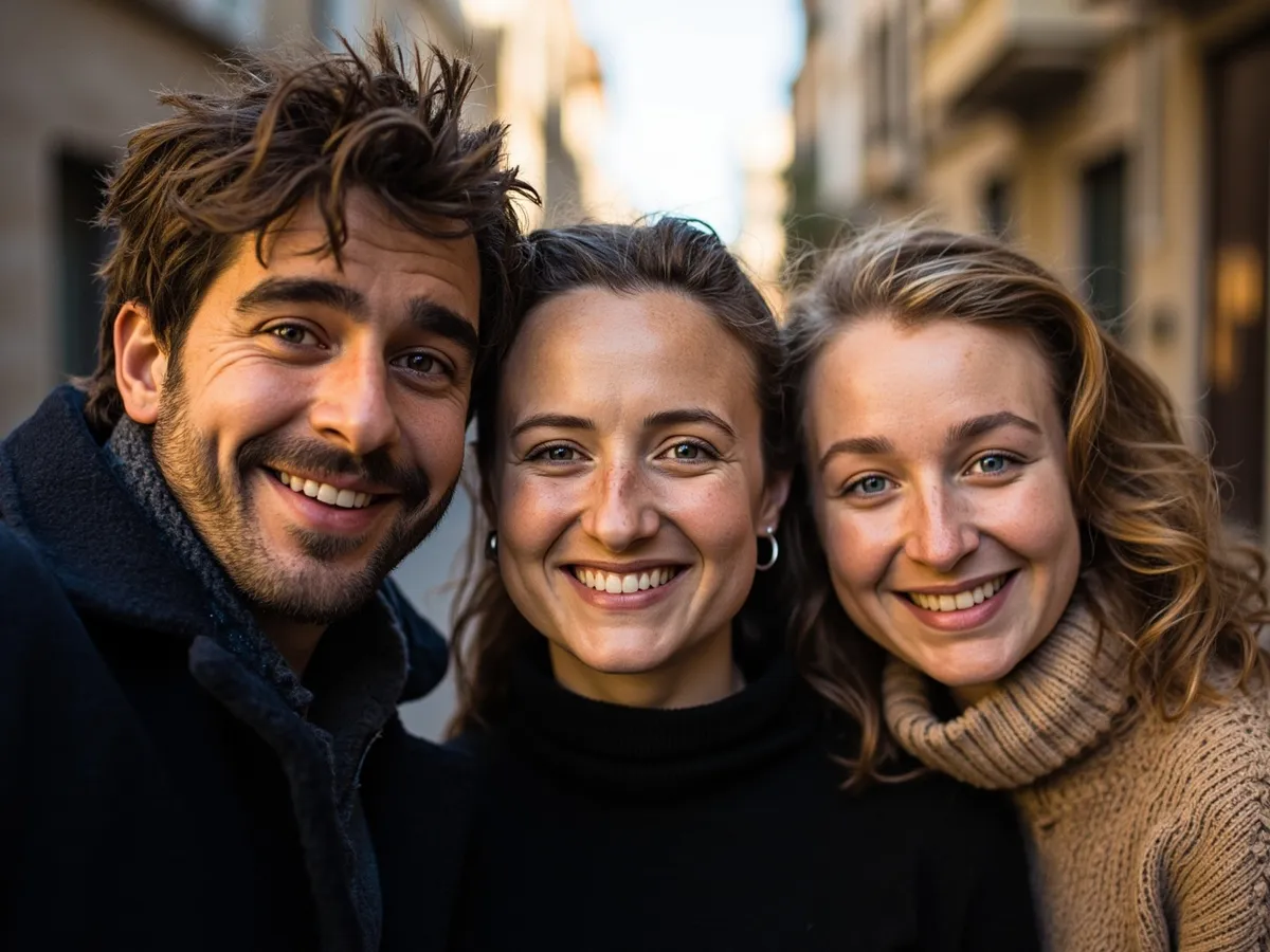Computer-generated image: three friends laughing together in a group photo on a quest day out