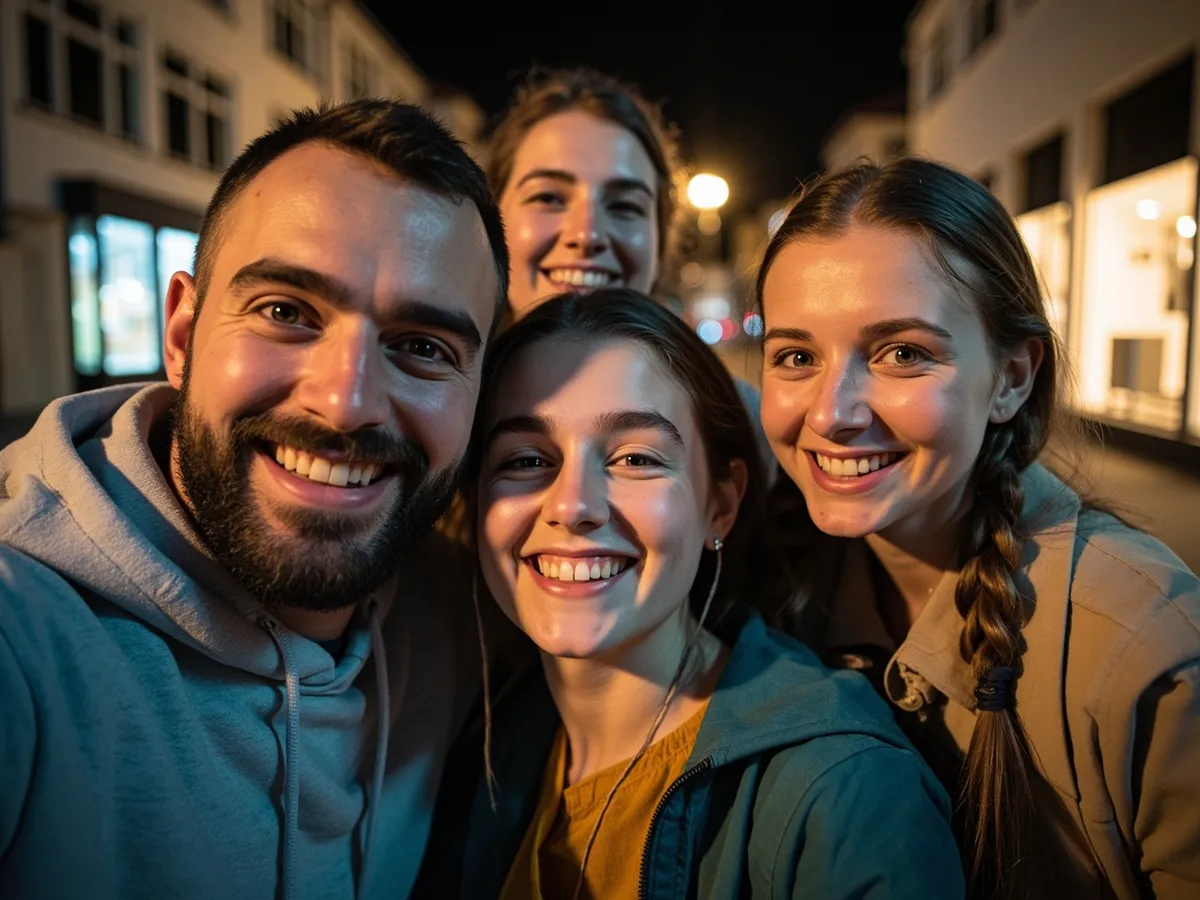 Computer-generated image: four friends laughing together in a group photo on a quest day out