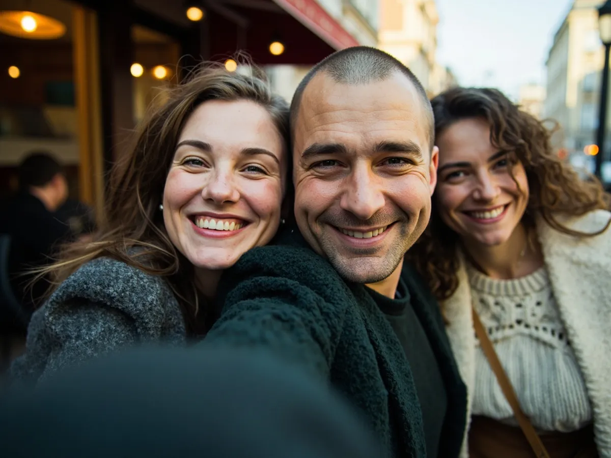 Computer-generated image: three friends laughing together in a group photo on a quest day out