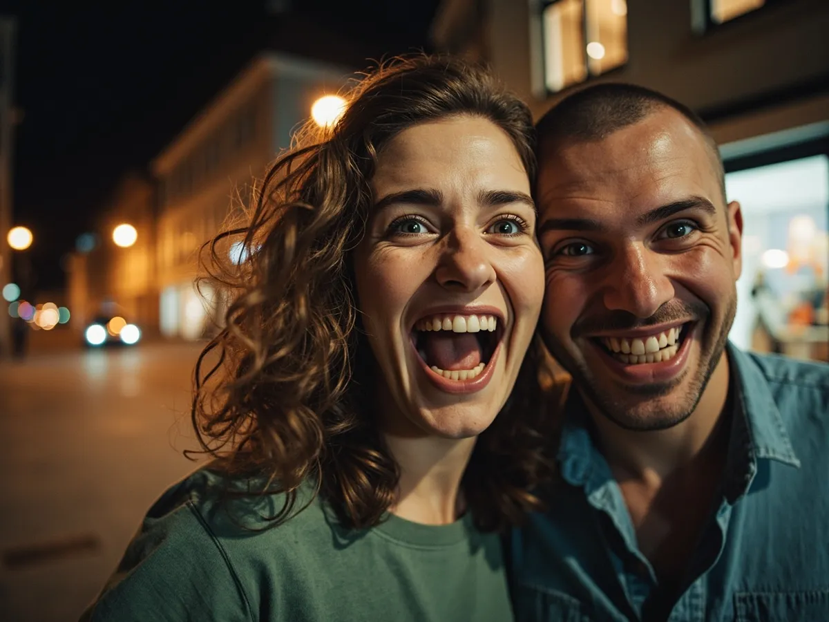 Computer-generated image: two friends laughing together in a group photo on a quest day out