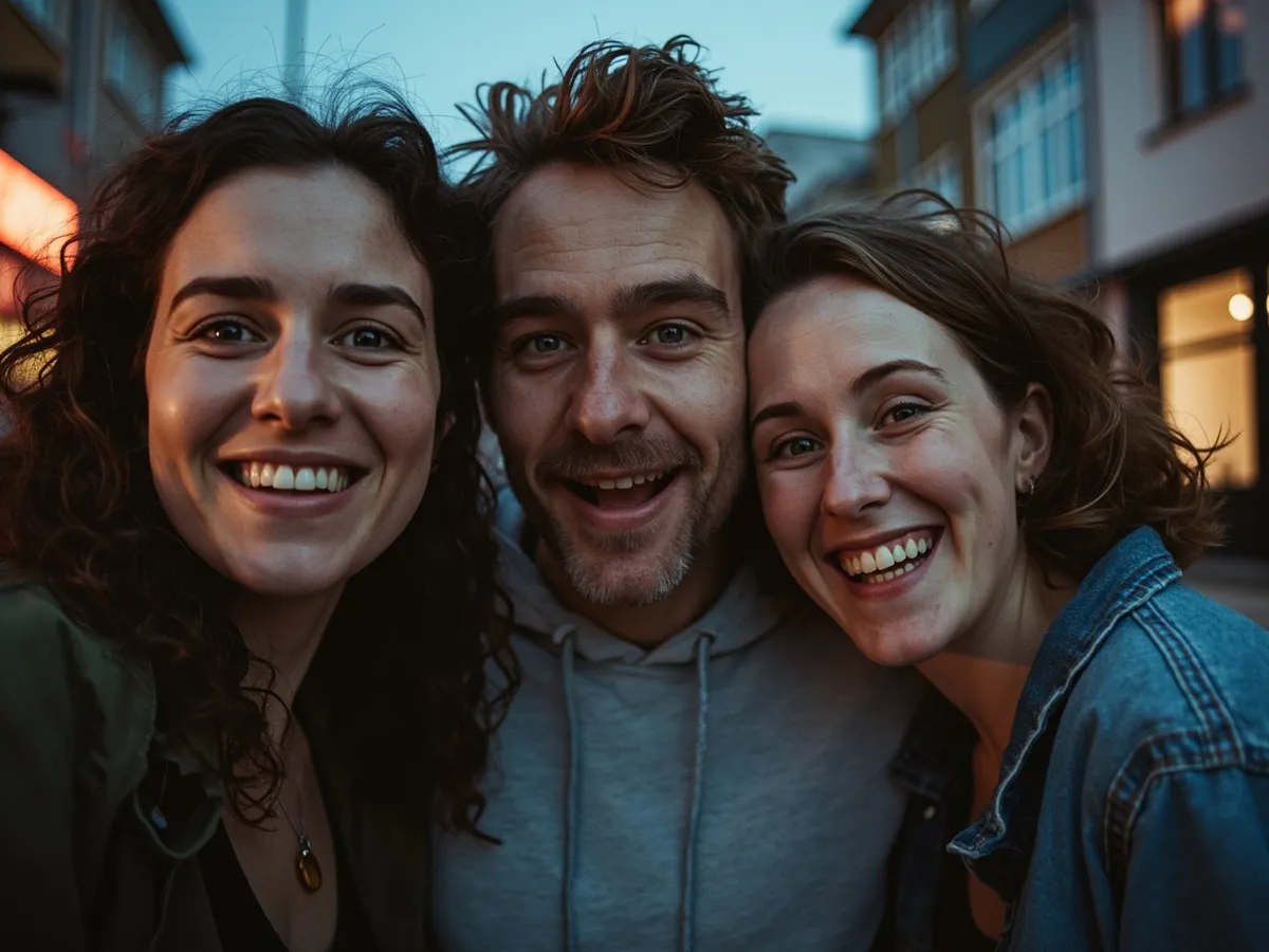 Computer-generated image: three friends laughing together in a group photo on a quest day out