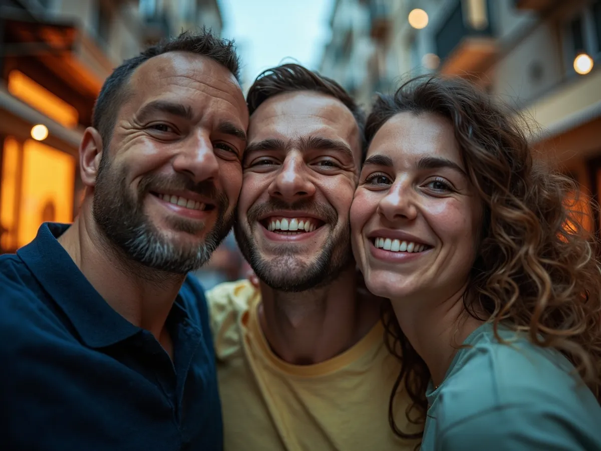 Computer-generated image: three friends laughing together in a group photo on a quest day out