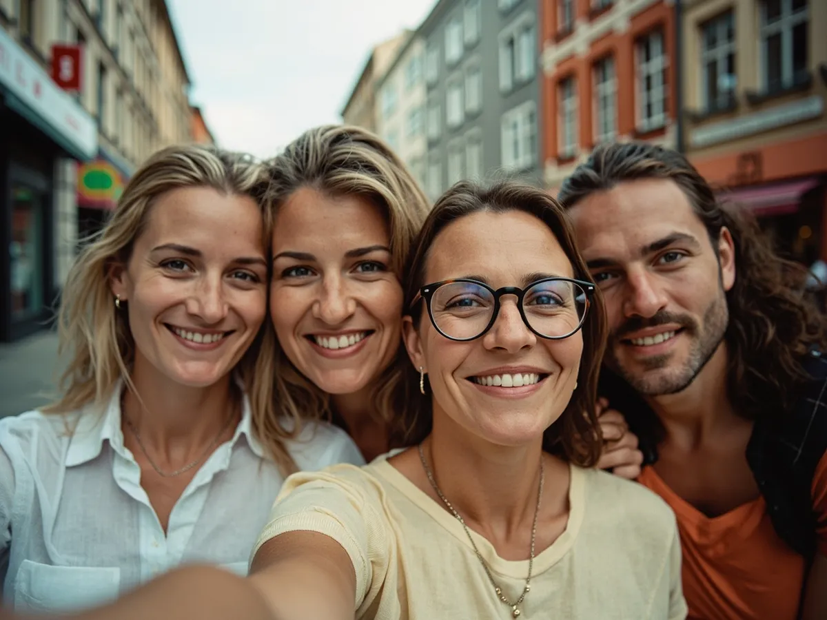 Computer-generated image: four friends laughing together in a group photo on a quest day out