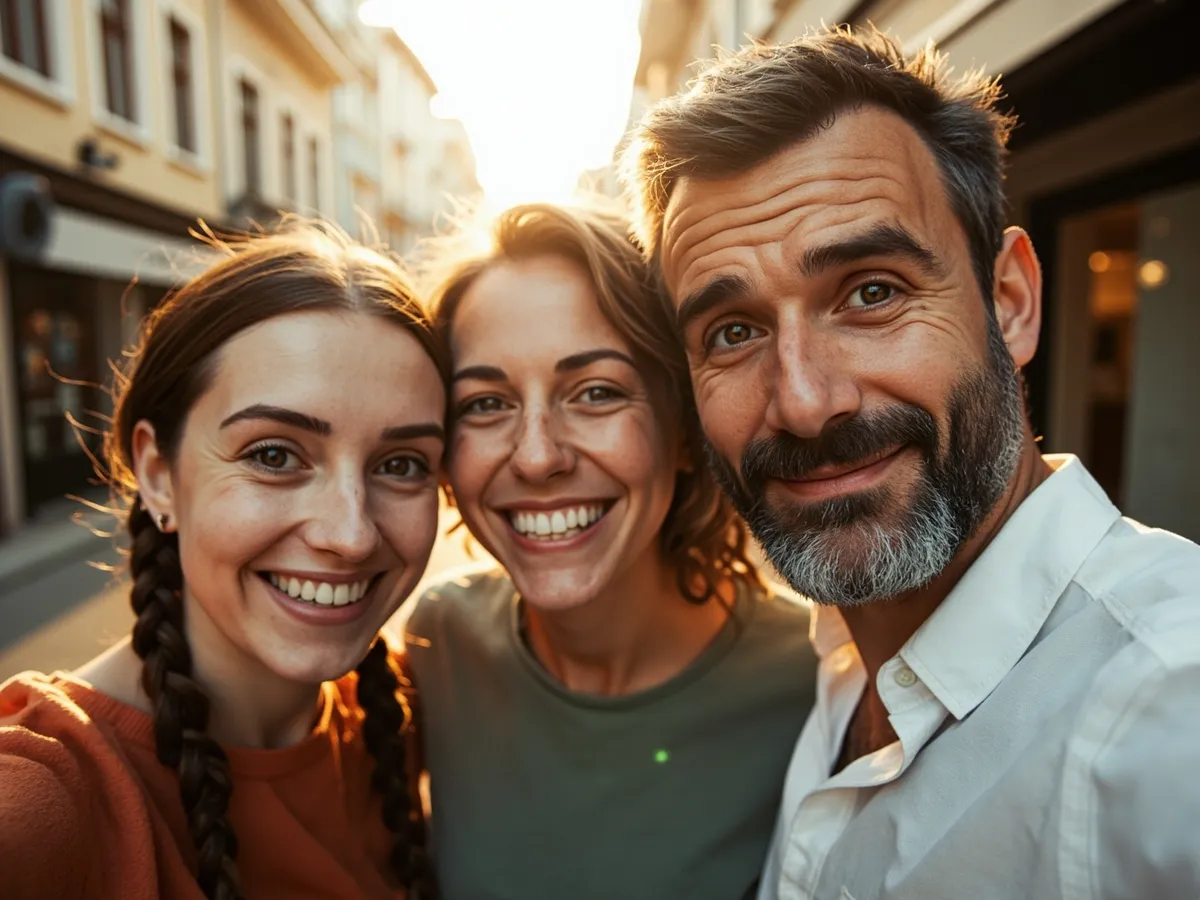 Computer-generated image: three friends laughing together in a group photo on a quest day out