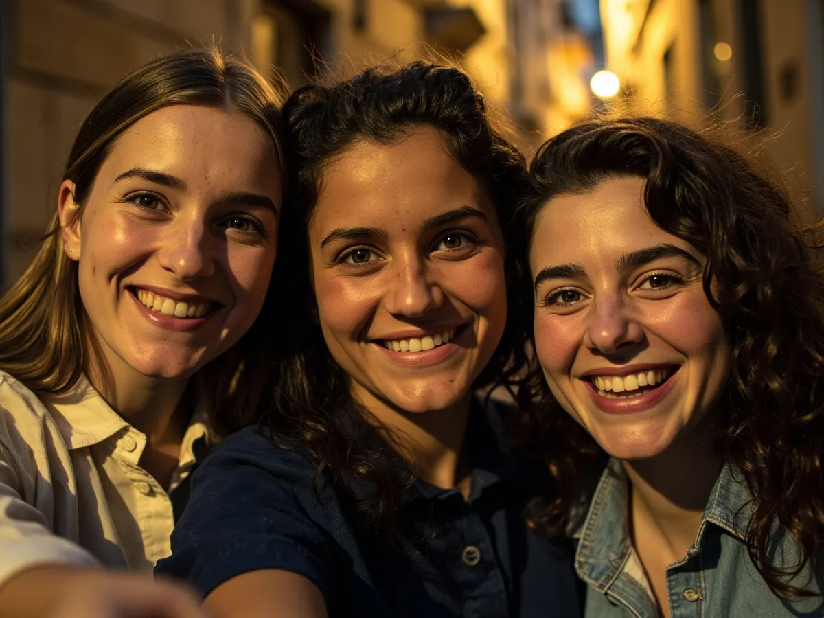 Computer-generated image: three friends laughing together in a group photo on a quest day out
