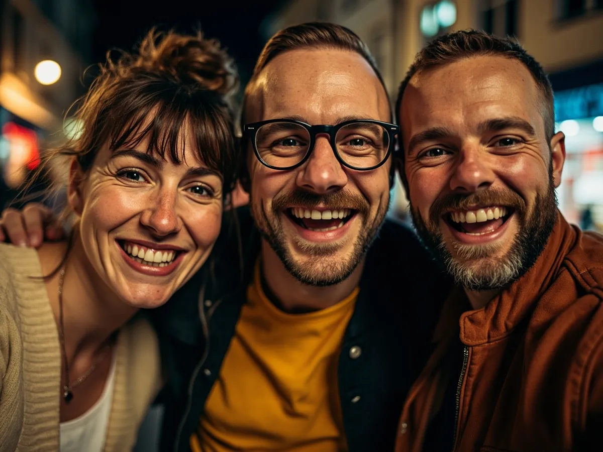 Computer-generated image: three friends laughing together in a group photo on a quest day out