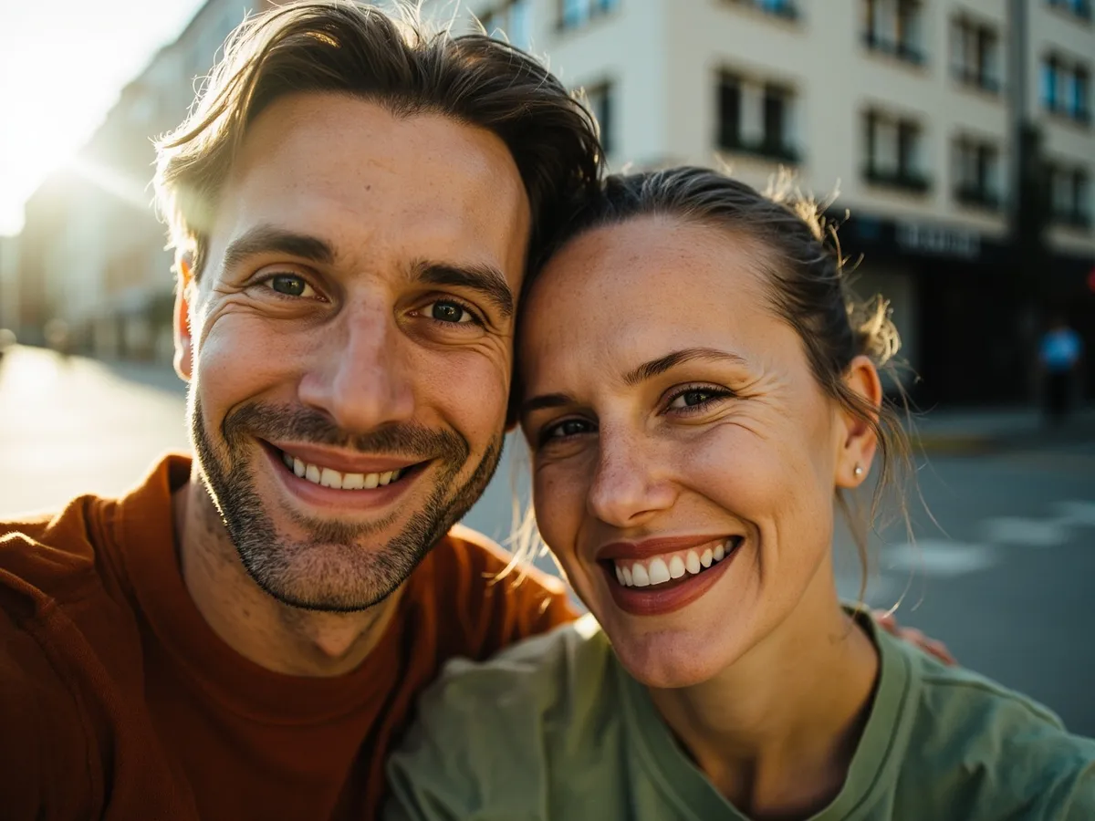 Computer-generated image: two friends laughing together in a group photo on a quest day out