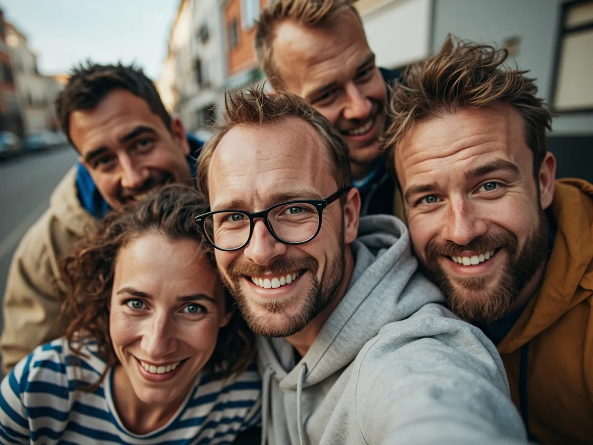 Computer-generated image: four friends laughing together in a group photo on a quest day out