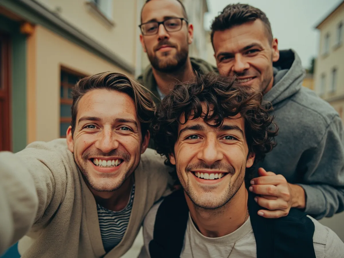 Computer-generated image: four friends laughing together in a group photo on a quest day out