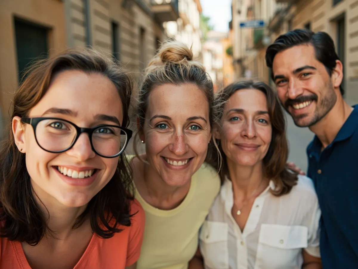 Four friends laughing together in a group photo on a quest day out
