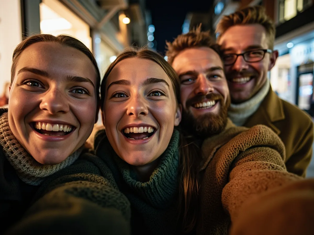 Computer-generated image: four friends laughing together in a group photo on a quest day out