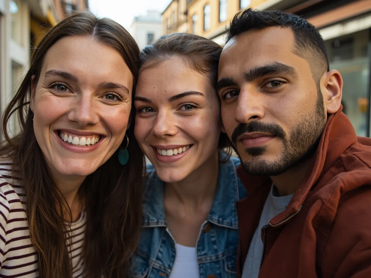 Computer-generated image: three friends laughing together in a group photo on a quest day out