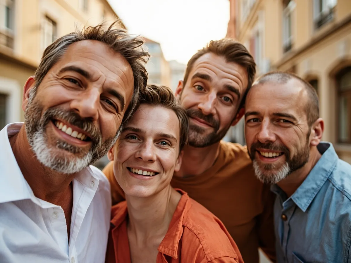 Computer-generated image: four friends laughing together in a group photo on a quest day out
