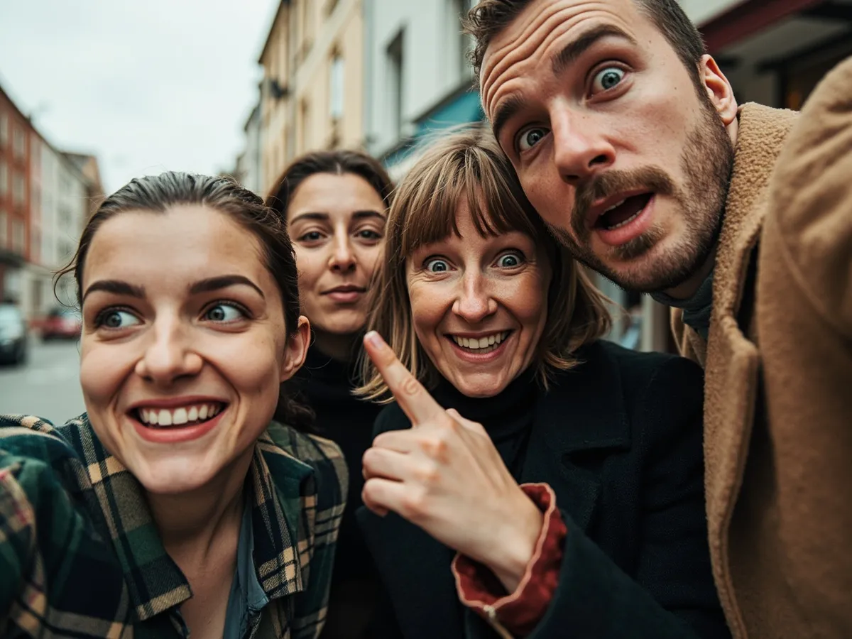 Computer-generated image: four friends laughing together in a group photo on a quest day out