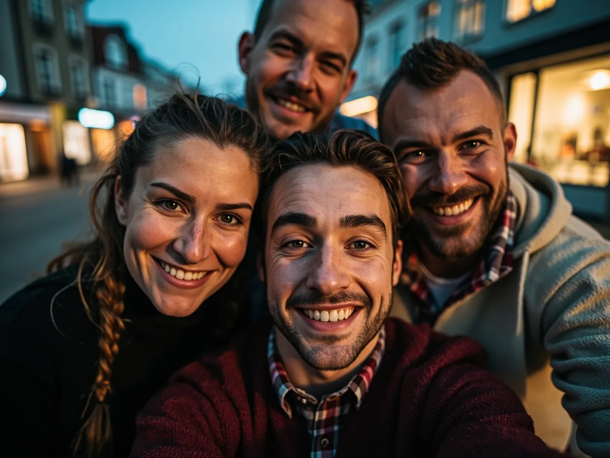 Computer-generated image: four friends laughing together in a group photo on a quest day out
