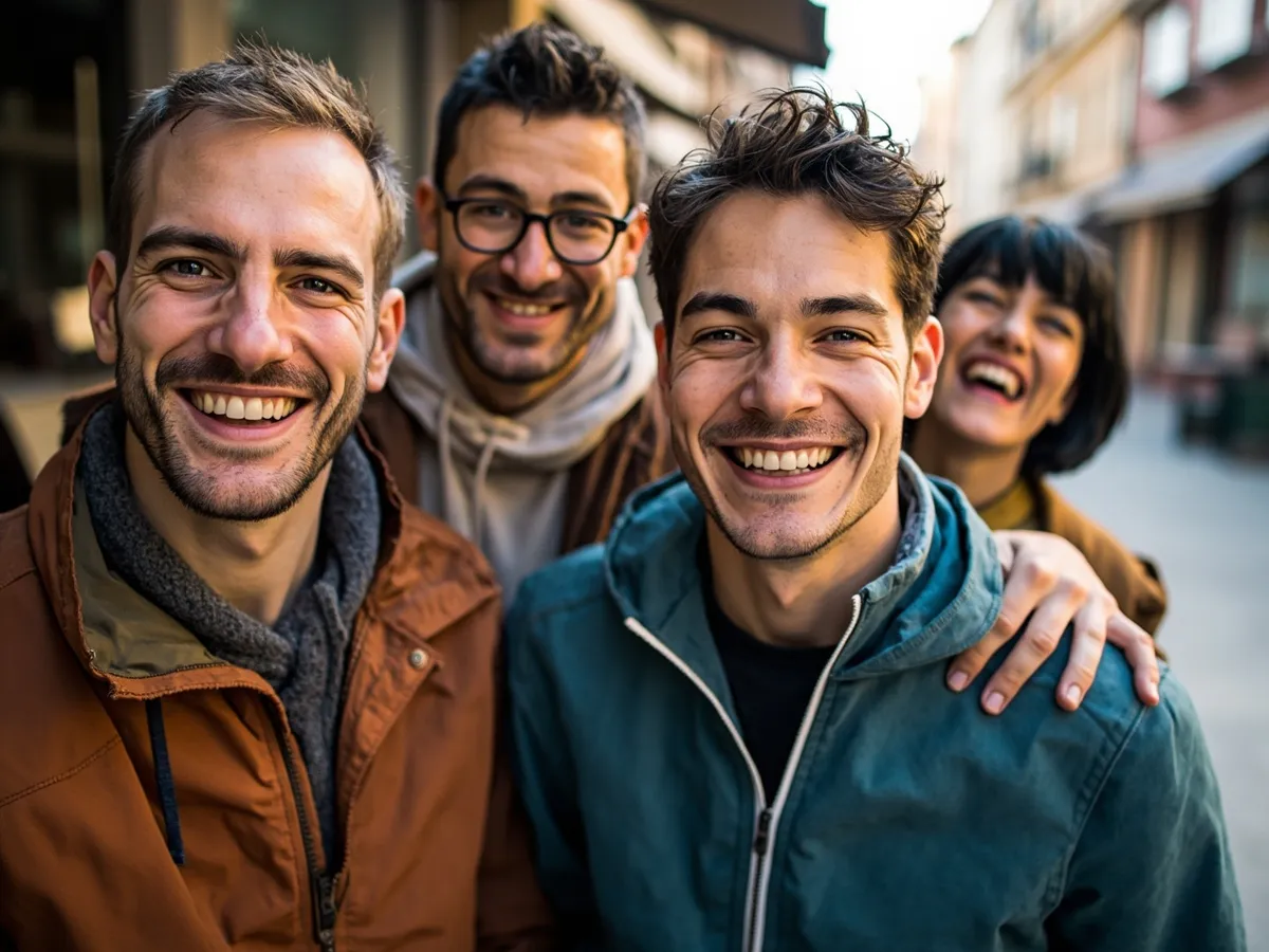 Computer-generated image: four friends laughing together in a group photo on a quest day out