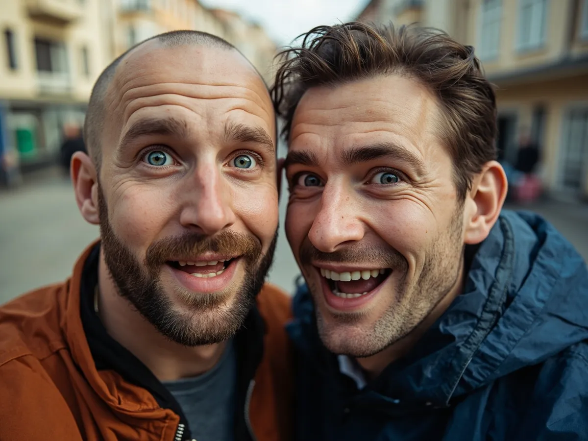 Computer-generated image: two friends laughing together in a group photo on a quest day out