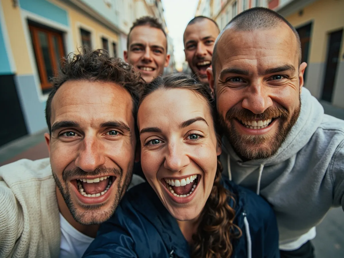 Computer-generated image: four friends laughing together in a group photo on a quest day out