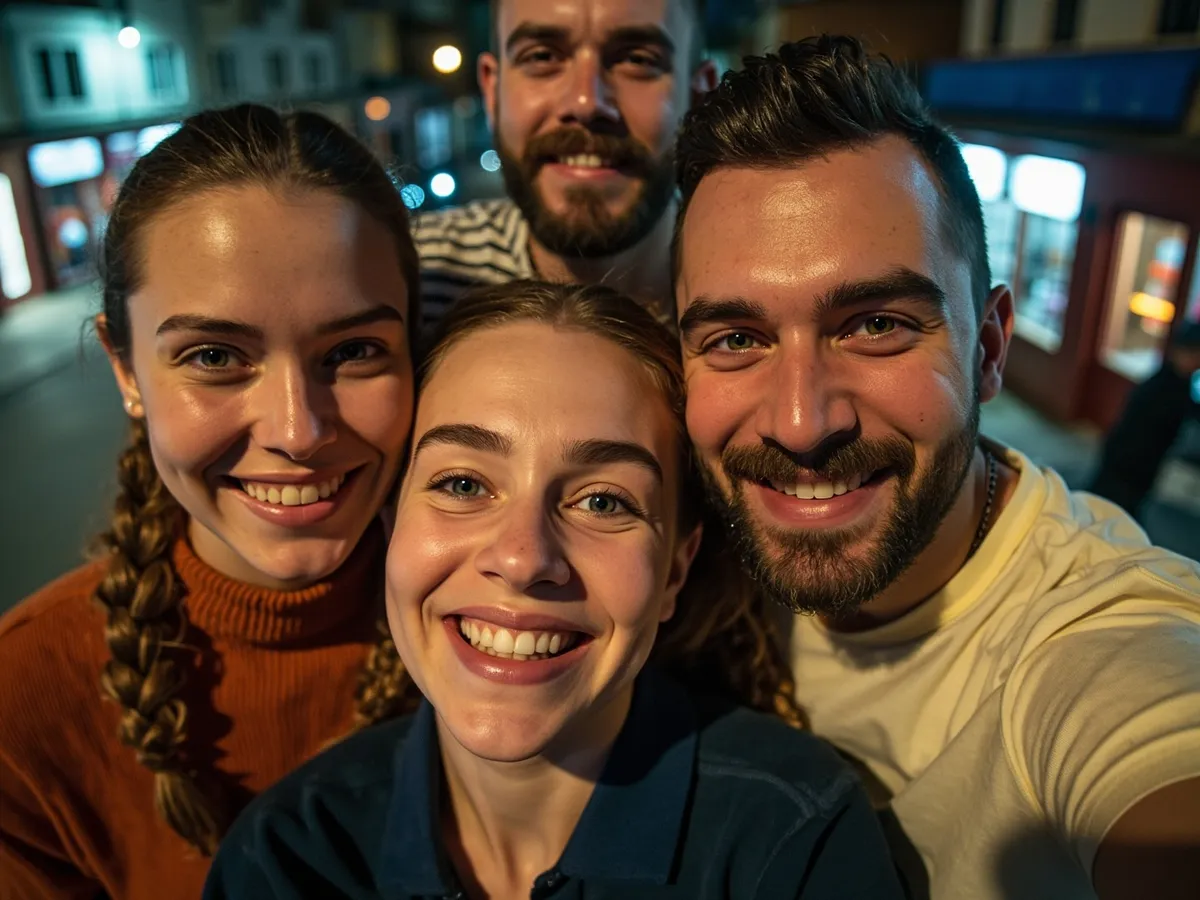 Computer-generated image: four friends laughing together in a group photo on a quest day out
