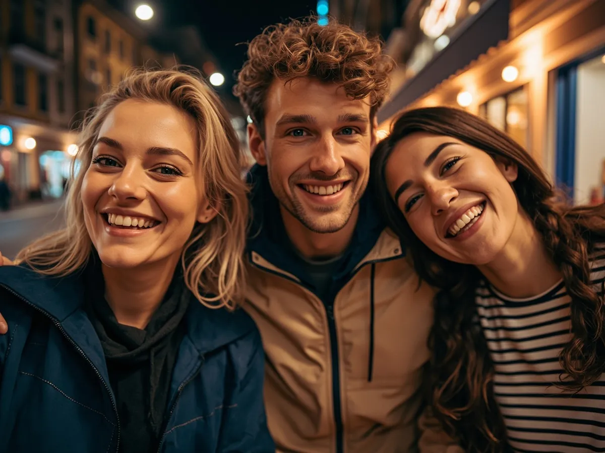 Computer-generated image: three friends laughing together in a group photo on a quest day out