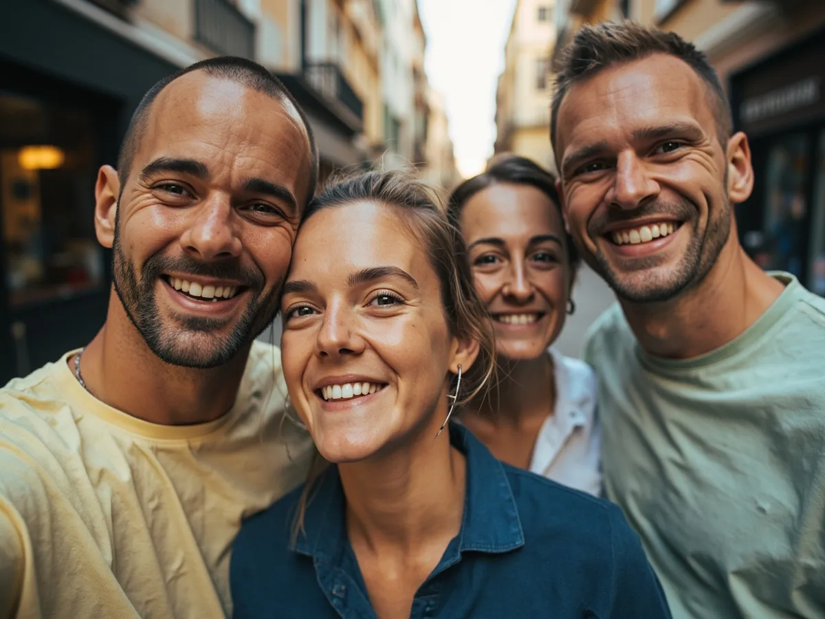 Computer-generated image: four friends laughing together in a group photo on a quest day out