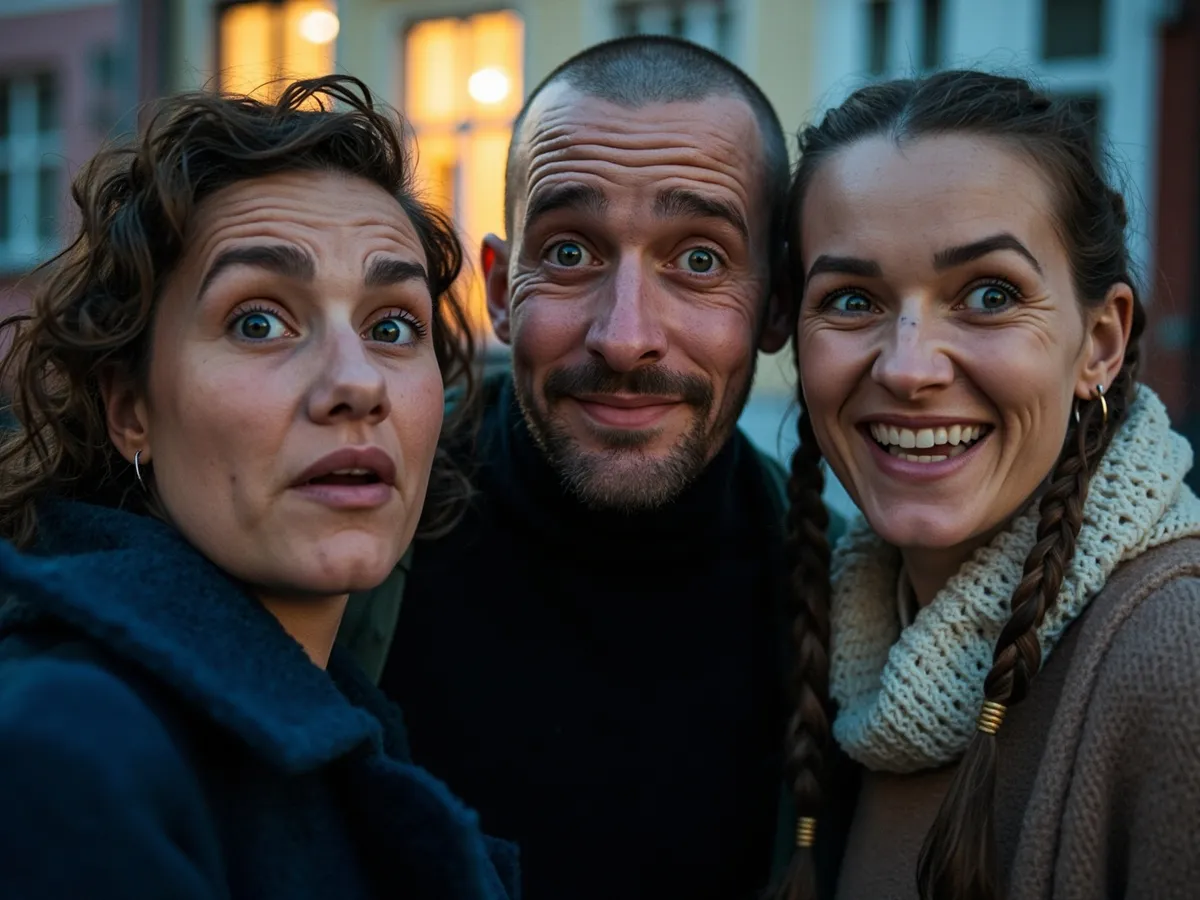 Computer-generated image: three friends laughing together in a group photo on a quest day out