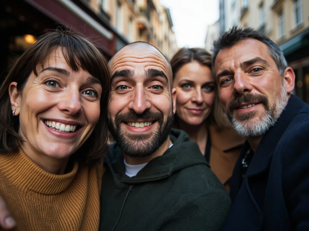 Computer-generated image: four friends laughing together in a group photo on a quest day out