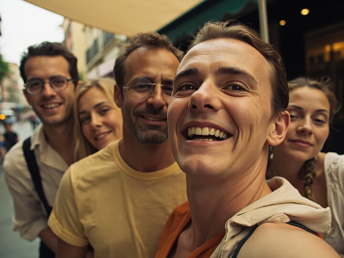 Computer-generated image: four friends laughing together in a group photo on a quest day out