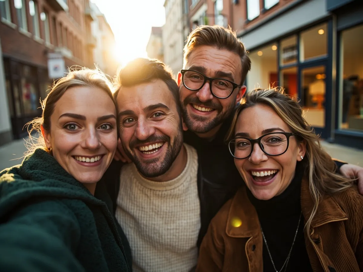 Computer-generated image: four friends laughing together in a group photo on a quest day out