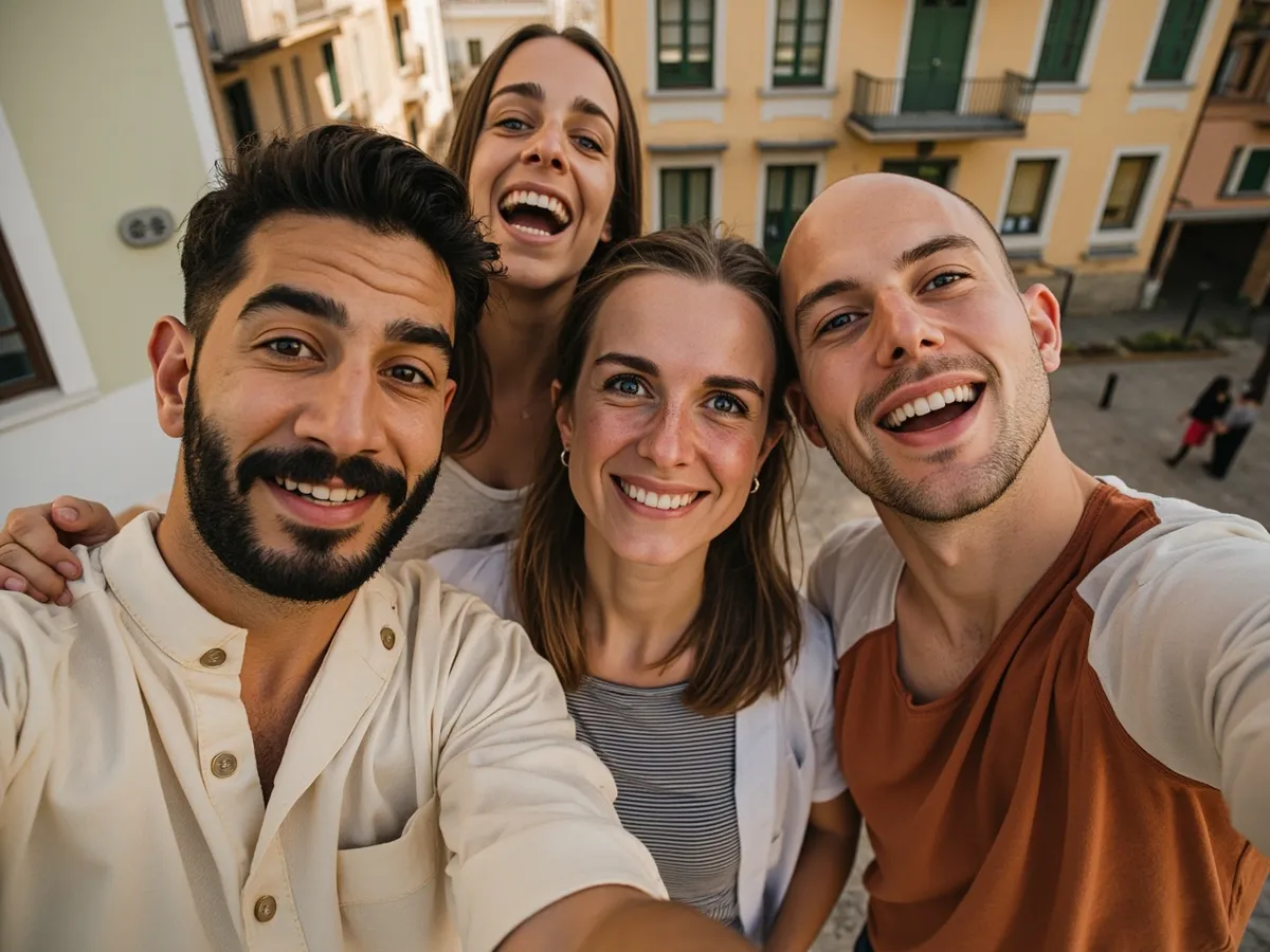 Computer-generated image: four friends laughing together in a group photo on a quest day out