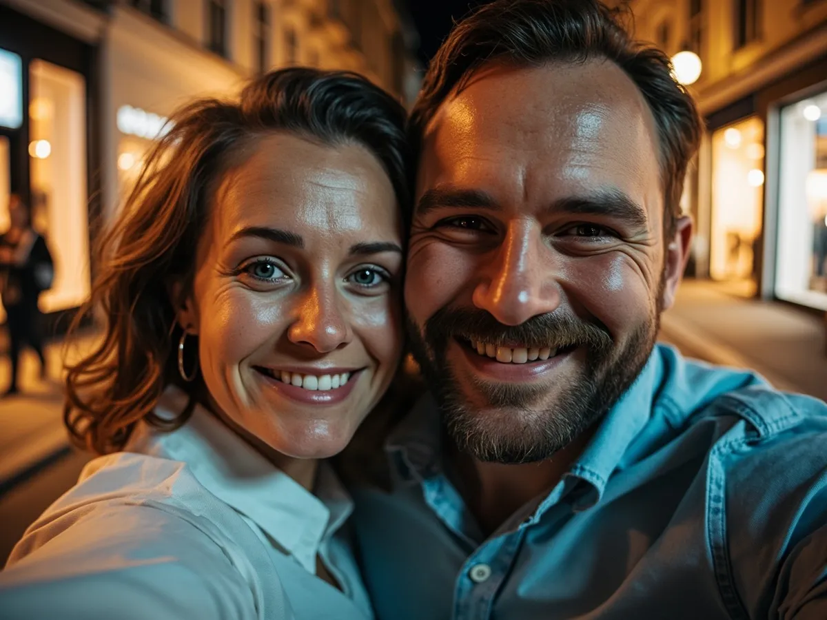 Computer-generated image: two friends laughing together in a group photo on a quest day out
