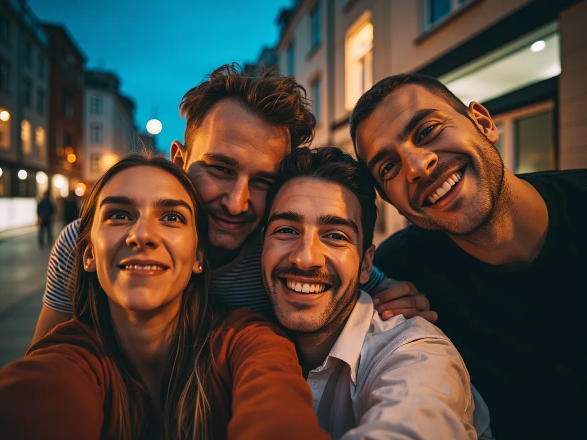 Computer-generated image: four friends laughing together in a group photo on a quest day out