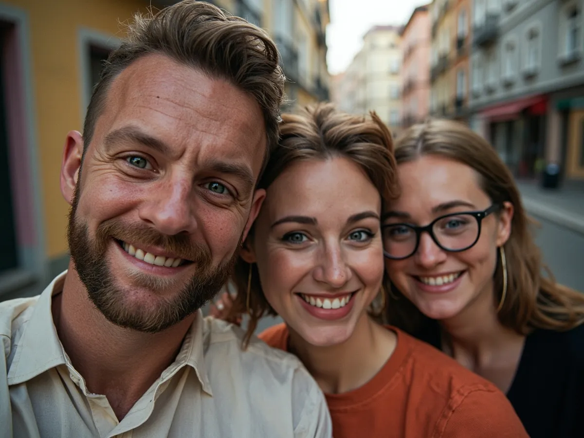 Computer-generated image: four friends laughing together in a group photo on a quest day out