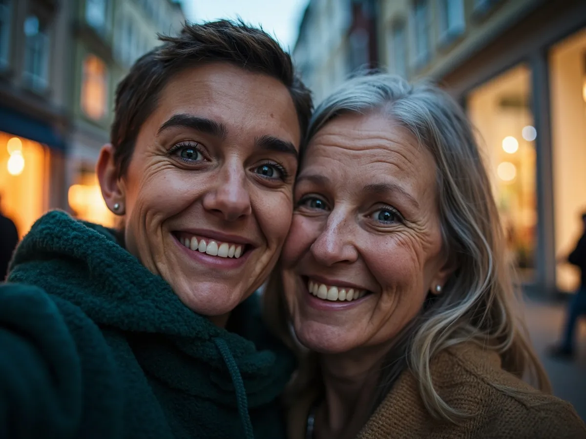 Computer-generated image: two friends laughing together in a group photo on a quest day out