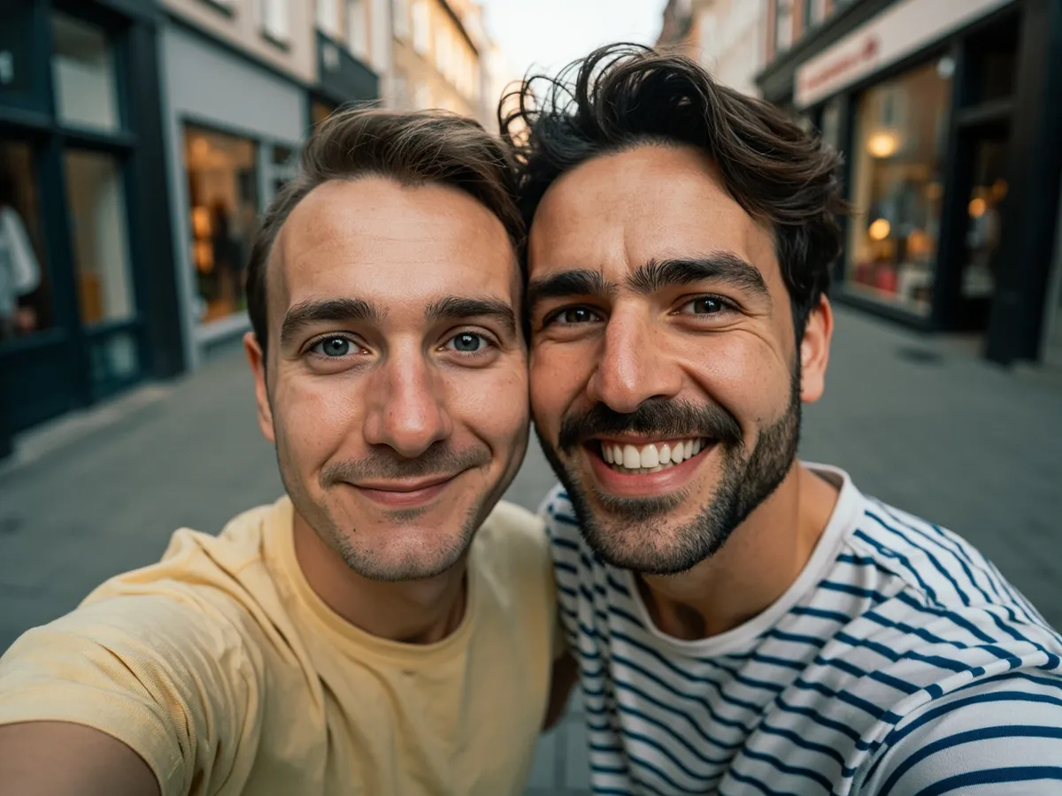 Computer-generated image: two friends laughing together in a group photo on a quest day out