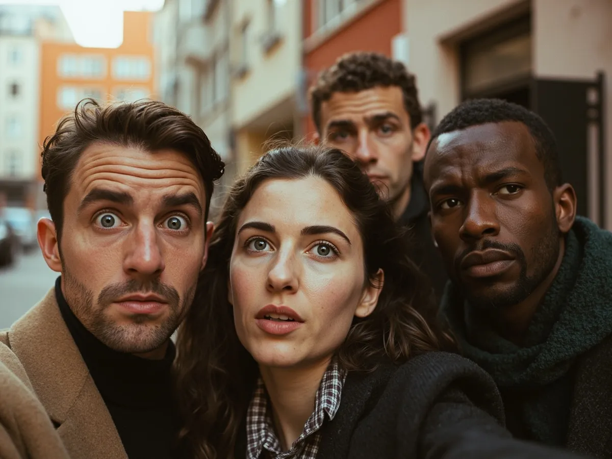 Computer-generated image: four friends laughing together in a group photo on a quest day out