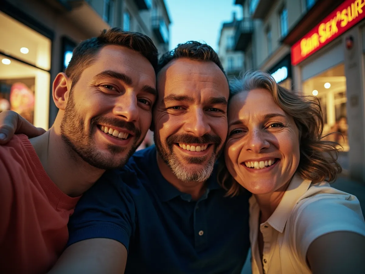 Computer-generated image: three friends laughing together in a group photo on a quest day out