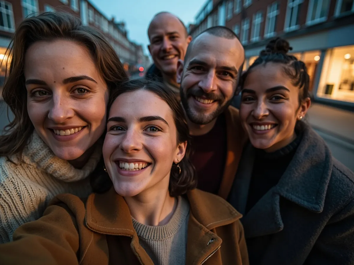 Computer-generated image: four friends laughing together in a group photo on a quest day out
